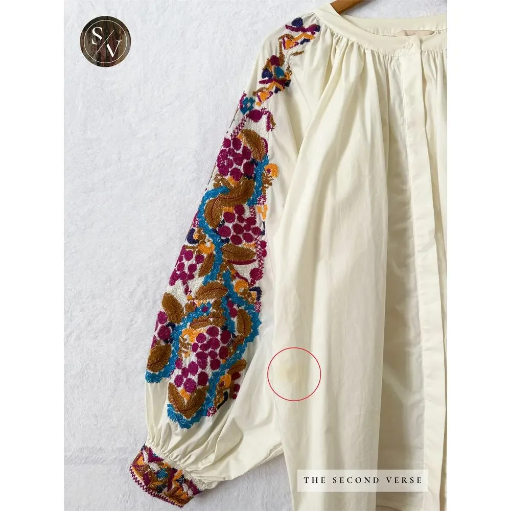 H&M Ivory Cream Embroidered Long Puff Sleeve Women's Top Size 12